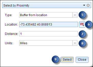 Select by Proximity: Buffer from location Select by Proximity: Buffer from location